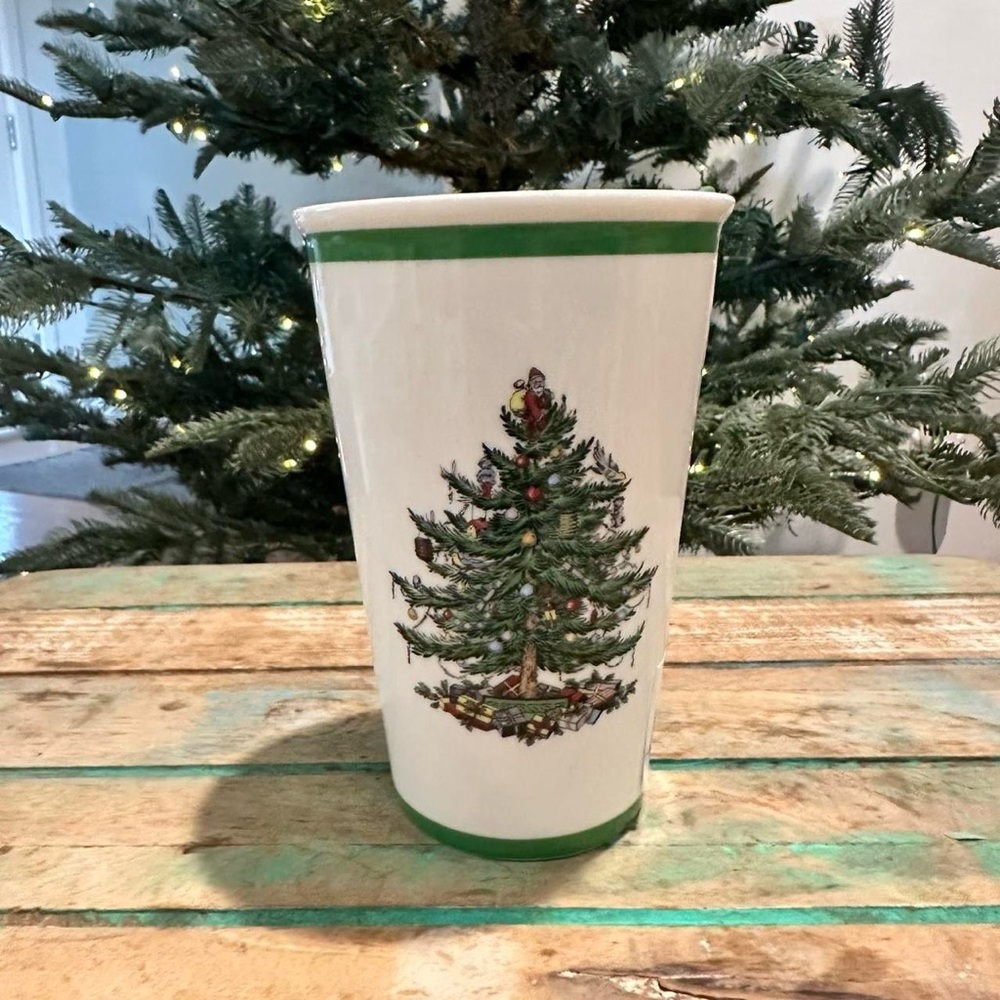 Spode Green and White Holiday Tree travel mug